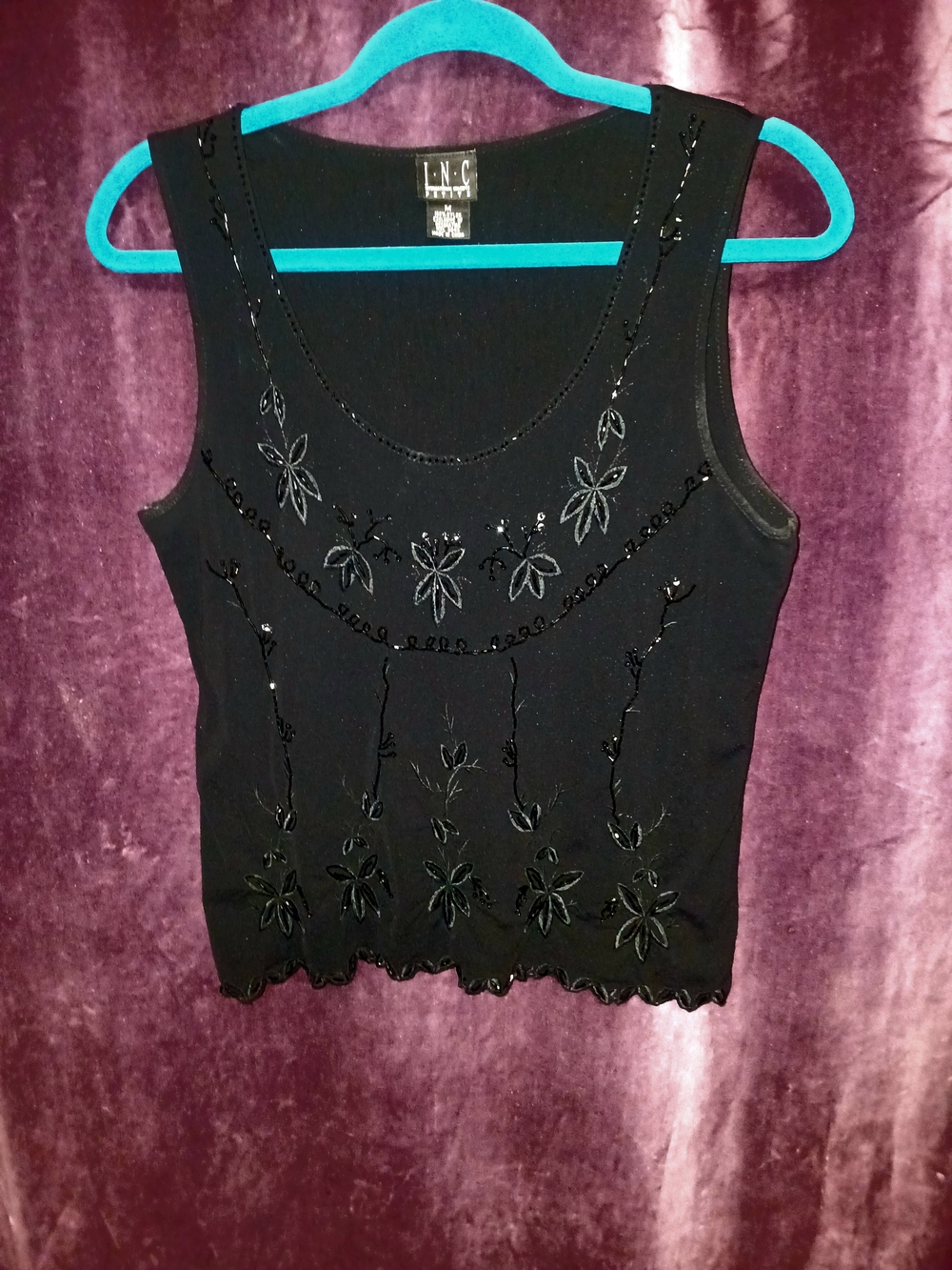INC International Concepts Black Beaded Floral Tank
